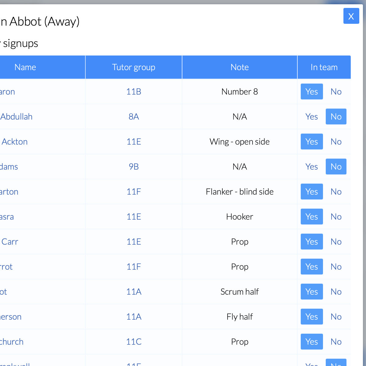 Online extra-curricular activities system - teamsheets