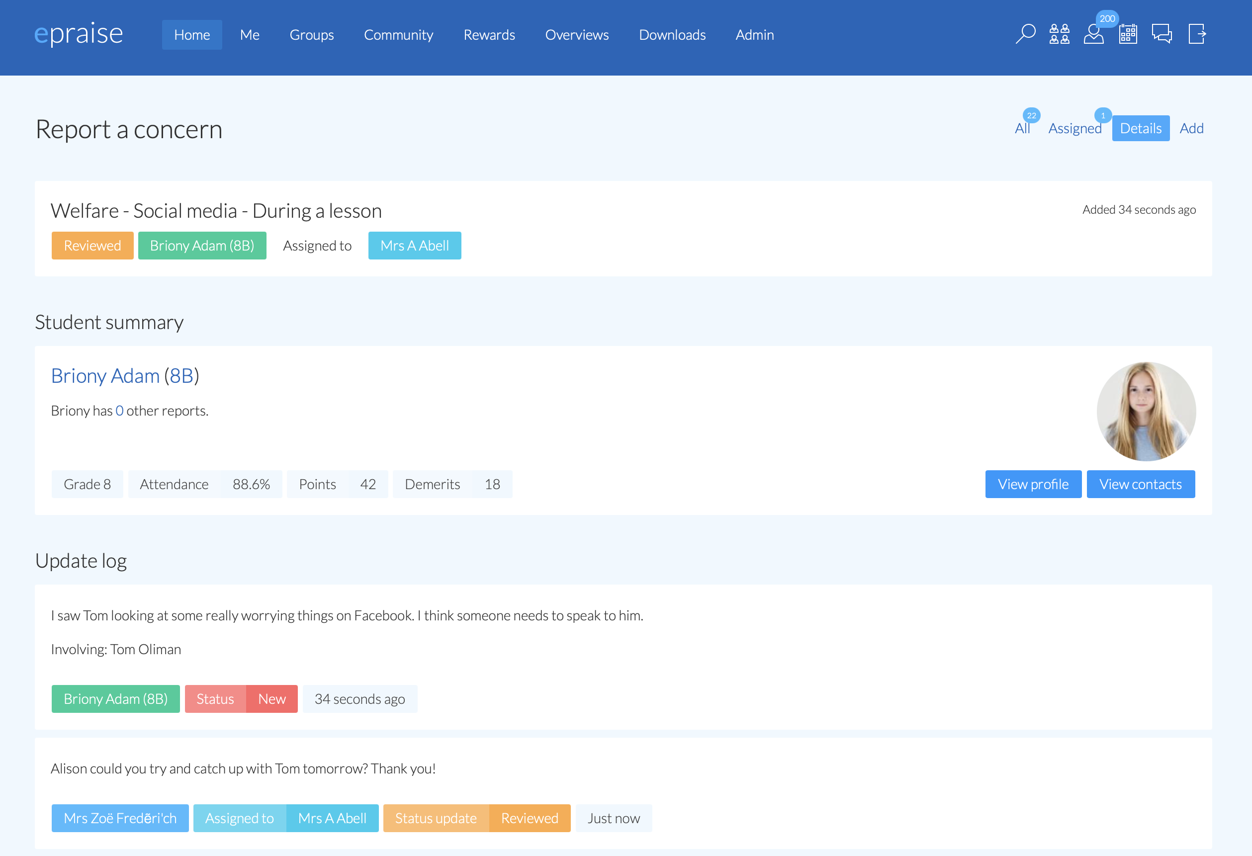 Epraise incident report details page